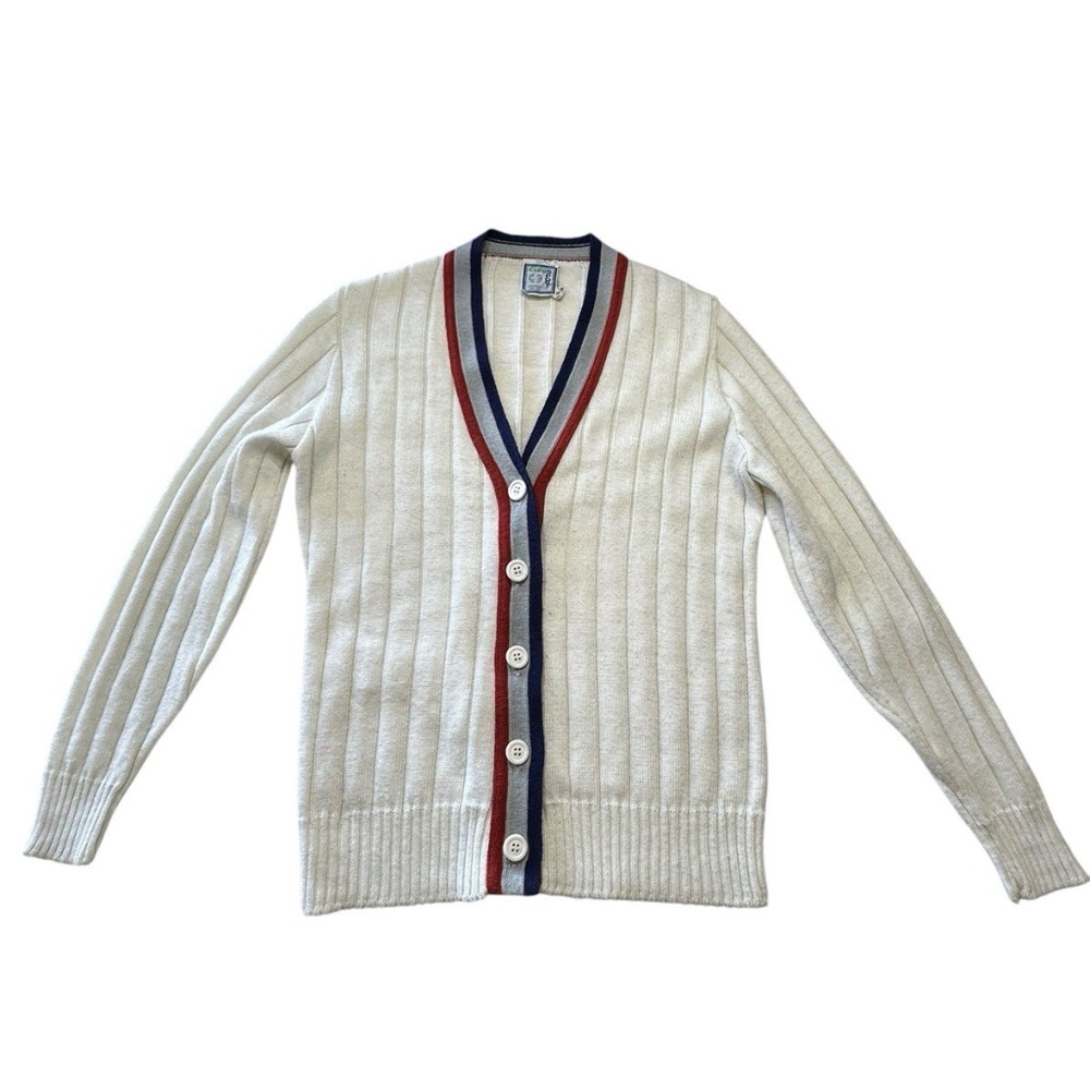 Vintage Chrissie Everett White Ribbed Knit Sport Cardigan Red Blue Trim Puritan
